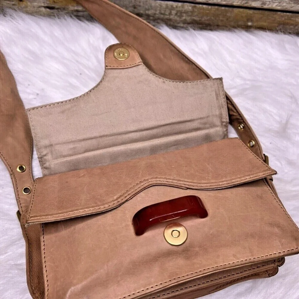 Uterque Natural Tan Brown Leather Front Buckle Small Satchel Purse Shoulder Bag - Picture 8 of 12